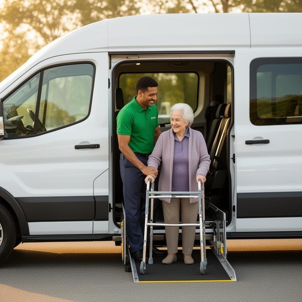 eliteTrans driver assisting an elderly passenger with a walker into an accessible van