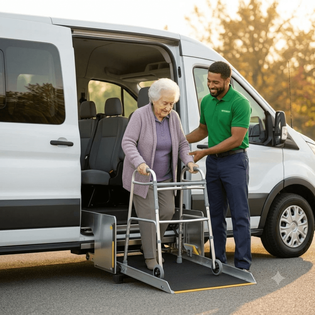 eliteTrans driver helping a passenger into a wheelchair-accessible van